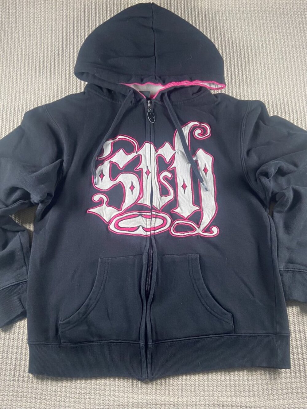 Vintqge SRH Y2K Black Zip Hoodie Pink Logo Skate Streetwear Women's Size L